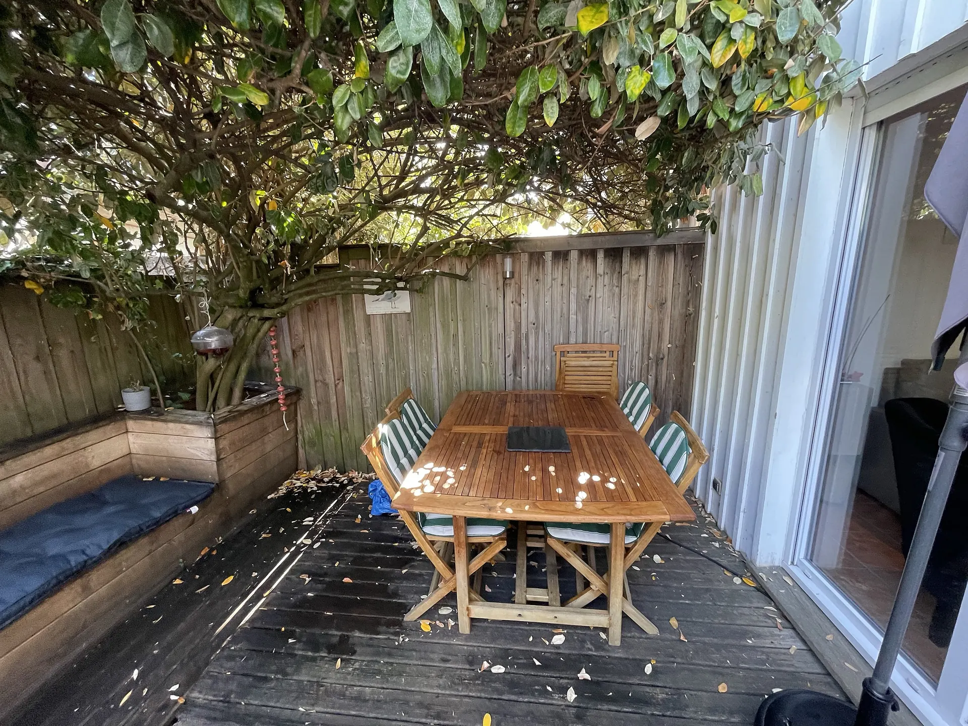 The teak garden table, seating six, in the shade of the terrace tree